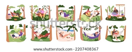 People relaxing, lying in hammocks on summer holiday set. Leisure, sleep, relaxation, reading, work in hanging swings in nature outdoor. Flat graphic vector illustrations isolated on white background