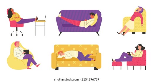 Gente relajándose y echándose una siesta en sofás y sillones, ilustración vectorial de dibujos planos aislados en fondo blanco. Se establecen caracteres de tiempo sedentarios y perezosos.