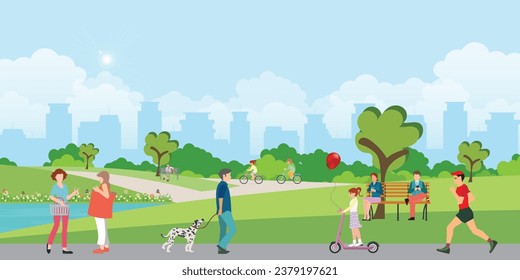 People relaxing in nature in a beautiful city park, city skyline on the background.