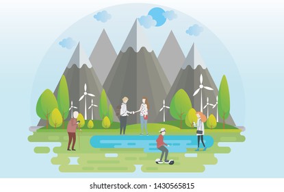 People relaxing in nature in a beautiful urban park, city skyline on the background