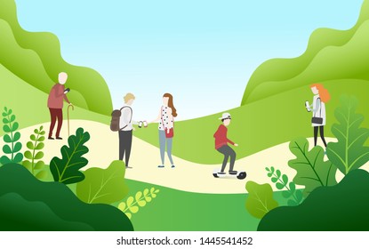 People relaxing in nature in a beautiful urban park, city skyline on the background
