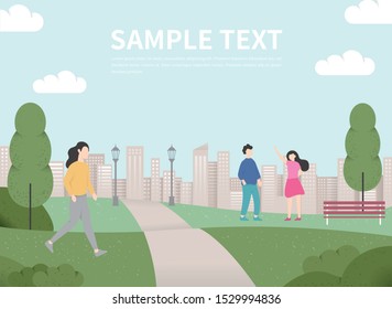 People relaxing in nature in a beautiful urban park, city skyline on the background. Colorful flat concept illustration.