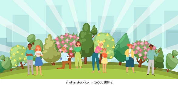 People relaxing in nature in a beautiful urban park, city skyline on the background cartoon vector illustration. Young couple, men and women with children walk in spring blossom park.