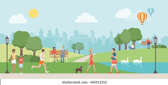 People relaxing in nature in a beautiful urban park, city skyline on the background