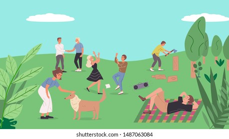 
Сollection of people relaxing in nature. Couple dancing. Girl is petting the dog. Guy chooses firewood on the barbecue. Friends spend time together. Young life. Flat cartoon vector illustration