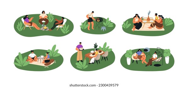 People relaxing in nature, eating food, drinking tea, talking by bonfire. Friends, families outdoors at picnic on summer vacation. Flat graphic vector illustrations set isolated on white background