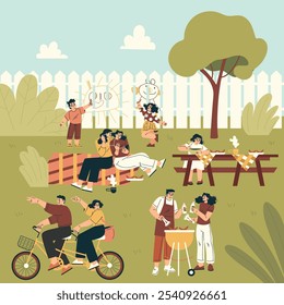 People Relaxing in Nature in the Park Have Barbecue Vector Illustration