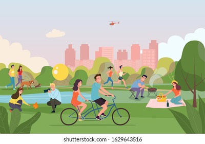 People relaxing in nature in a park. Vector flat style illustration