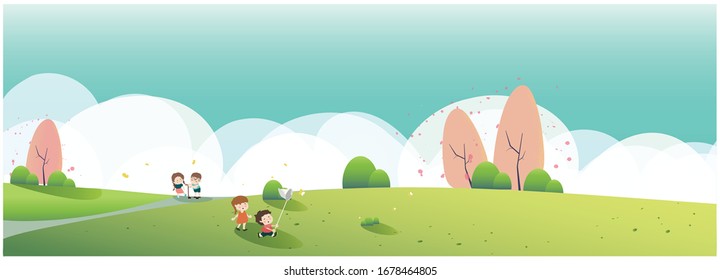 People relaxing in nature in spring or summer time at the park.Banner of spring .Family outing to the park or picnic.Kid ,butterfly and apple flower blossom.People in spring or summer concept