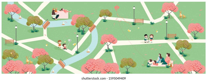 People Relaxing In Nature In Spring Time At The Park.Wide Panoramic Of Spring Banner.Family Outing To The Park Or Picnic.Kid Play Kite,butterfly And Apple Flower Blossom.People In Spring Concept.