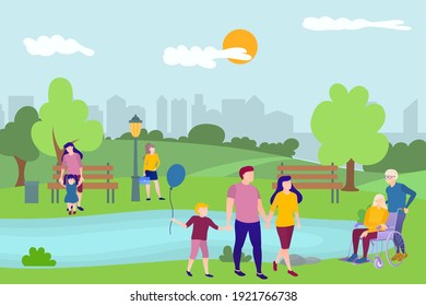 People relaxing in nature in urban park. Summer landscape with parents walking with children, elderly people relaxing outdoors, people resting on lake flat vector illustration