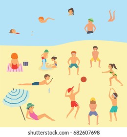 People relaxing on the beach. Cartoon vector illustration on a white background