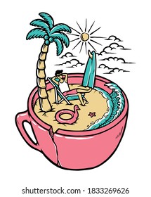 People are relaxing on the beach in coffee cups illustration