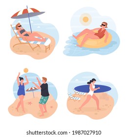 People relaxing on beach concept scenes set. Women sunbathing, swimming, surfing. Couple playing ball on seashore. Collection of human activities. Vector illustration of characters in flat design