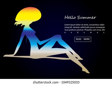 People relaxing on the beach in hello summer concept, beautiful beach (sand, sea and sky), double exposure, vector illustration.