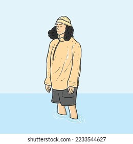 People relaxing on the beach isolated on Blue background vector modern illustrations
