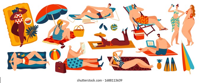 People relaxing on beach, set of body positive cartoon character isolated on white, vector illustration. Different men and women suntanning, summer leisure vacation, sunbathing people recreation beach