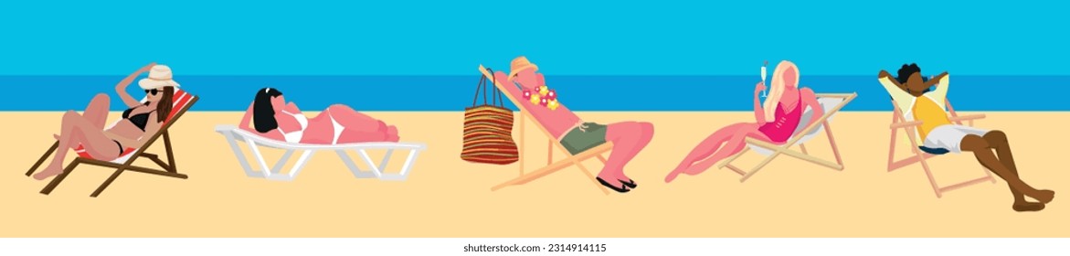 People relaxing on deck chairs near sea