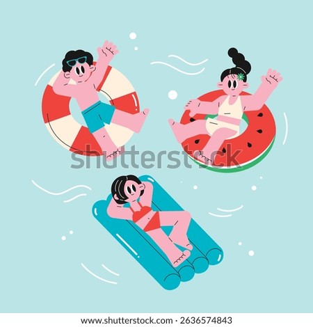 People relaxing on floaties in a swimming pool during summer