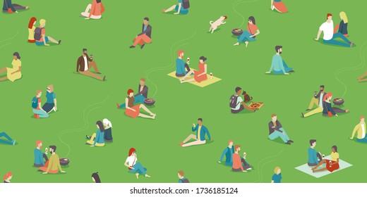 People relaxing on the grass field in the city park. BBQ area. Social distancing during coronavirus COVID-19 quarantine. Flat vector seamless pattern