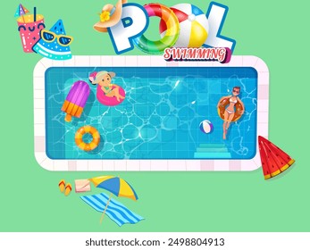 People relaxing on inflatables in swimming pool on summer day