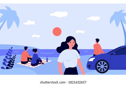 People relaxing on sea beach. Palm tree, water, car flat vector illustration. Summer activity and lifestyle concept for banner, website design or landing web page