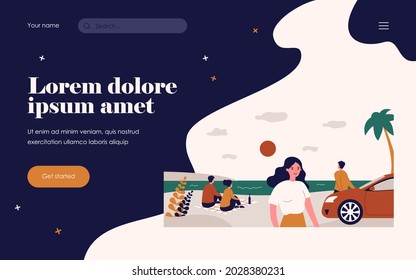 People relaxing on sea beach. Palm tree, water, car flat vector illustration. Summer activity and lifestyle concept for banner, website design or landing web page
