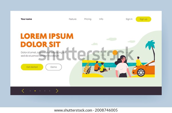 People relaxing on sea\
beach. Palm tree, water, car flat vector illustration. Summer\
activity and lifestyle concept for banner, website design or\
landing web page