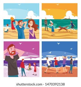People Relaxing on Seaside at Summer Time Set, Tropical Resort Landscape with Ocean or Sea, Tourists Walking and Enjoying Vacation on Beach Vector Illustration
