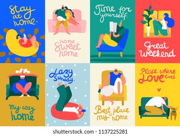 People relaxing on soft and comfortable furniture for cosy home flat cards set isolated on colorful background vector illustration