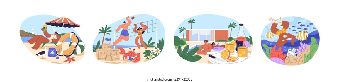 People relaxing on summer holiday. Men, women resting at sea resort on vacation, swimming in pool, snorkeling, sunbathing with cocktails. Flat vector illustrations isolated on white background