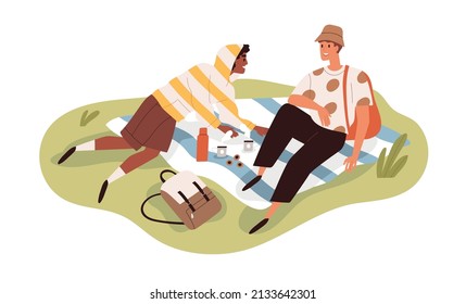 People Relaxing On Summer Picnic. Couple Of Men With Tea In Thermos In Nature. Happy Biracial Friends On Blanket On Grass. Leisure Time Outdoors. Flat Vector Illustration Isolated On White Background