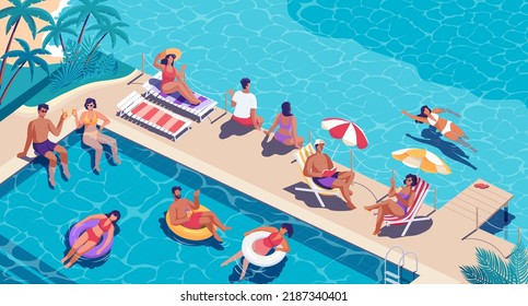 Gente relajándose en la playa de resort de verano, nadando en la piscina, tomando hamacas, nadando en salvavidas y divirtiéndose. Ilustración isométrica colorida