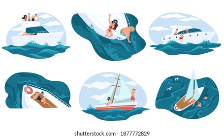 People relaxing on yacht boat in summer holidays or vacations. Character on cruise with friends. Marine adventure of personages leading luxurious lifestyle. Tourists sea walk. Vector in flat style