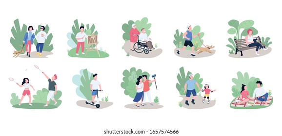 People relaxing outdoors flat color vector faceless characters set. Weekend pastime, open air recreation, family rest, active lifestyle isolated cartoon illustrations on white background