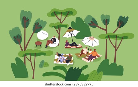 People relaxing outdoors, lying on picnic blankets, grass in park. Tiny characters resting in nature on summer holiday, weekend. Family, couple, friends, leisure time outside. Flat vector illustration