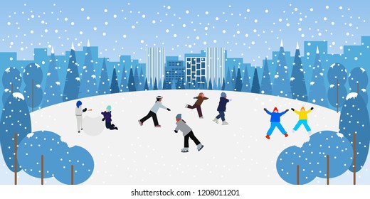 People are relaxing outdoors in the white winter parks on city view background,beautiful Christmas and new year winter scene landscape,flat design style,vector graphic illustration.