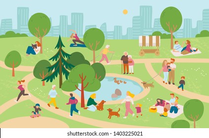 People relaxing in the park, having rest with cityscape background. Summer landscape. Healthy lifestyle.