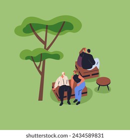 Gente relajándose en el parque, la naturaleza. Parejas, amigos sentados, descansando al aire libre, hablando, charlando bajo el árbol en vacaciones de verano, fin de semana. Pequeños personajes en el tiempo libre fuera. Ilustración vectorial plana