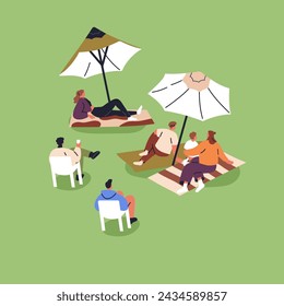 People relaxing in park on summer holiday, weekend. Outdoor leisure time in nature. Tiny characters sitting, lying on blankets under umbrellas outside. Summertime relaxation. Flat vector illustration