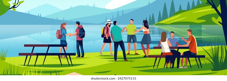 people relaxing in park or river bank with wooden benches and tables tourists resting outdoors summer landscape background horizontal