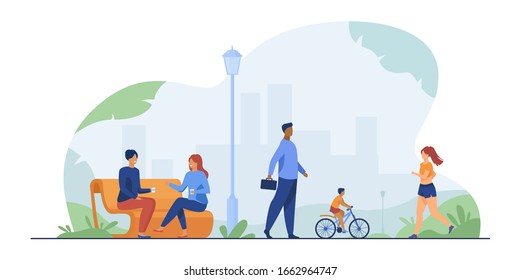 People relaxing at park in summer flat vector illustration. Woman jogging and doing exercise. Couple chatting at bench. Character walking outdoor. Person riding bicycle. Fun and leisure concept