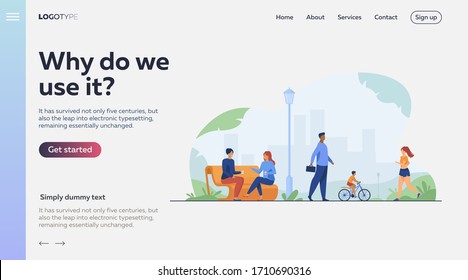 People relaxing at park in summer flat vector illustration. Woman jogging and doing exercise. Couple chatting at bench. Character walking outdoor. Person riding bicycle. Fun and leisure concept