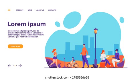 People relaxing at park in summer flat vector illustration. Woman jogging and doing exercise. Couple chatting at bench. Character walking outdoor. Person riding bicycle. Fun and leisure concept