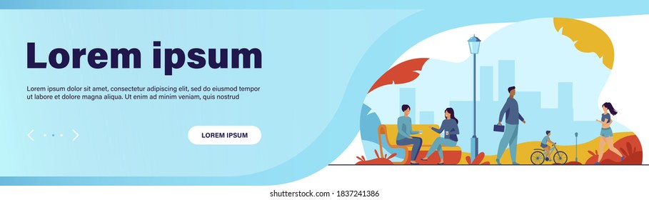 People relaxing at park in summer flat vector illustration. Woman jogging and doing exercise. Couple chatting at bench. Character walking outdoor. Person riding bicycle. Fun and leisure concept