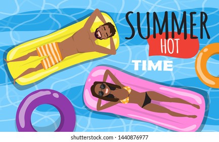 People relaxing in a pool. Top view, summertime, holidays poster. Couple swimming, have a fun time in the pool. Vector cartoon illustration.