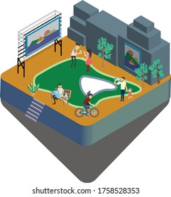 People are relaxing, reading a book, cycling, exercising in park surrounding with LED monitor, building, and trees. The picture is an isometric style.