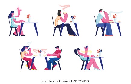 People Relaxing in Restaurant or Cafe Set. Characters Sitting at Tables Drinking Coffee, Eating Meal Use Gadgets. Customer Characters Spend Time in Recreational Place. Cartoon Flat Vector Illustration