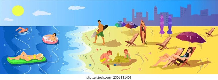 People relaxing at sandy beach in summer sea holiday. Young Men and women on travel vacation. City near ocean resort. Man and girl go to surfing with board. People swim in water. Vector illustration