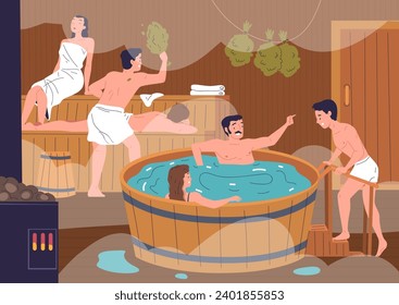 People relaxing sauna. Woman and man in towels on wooden bench relaxation public bathhouse dry heat steam room, wellness sweat spa bathing hot water bath classy vector illustration